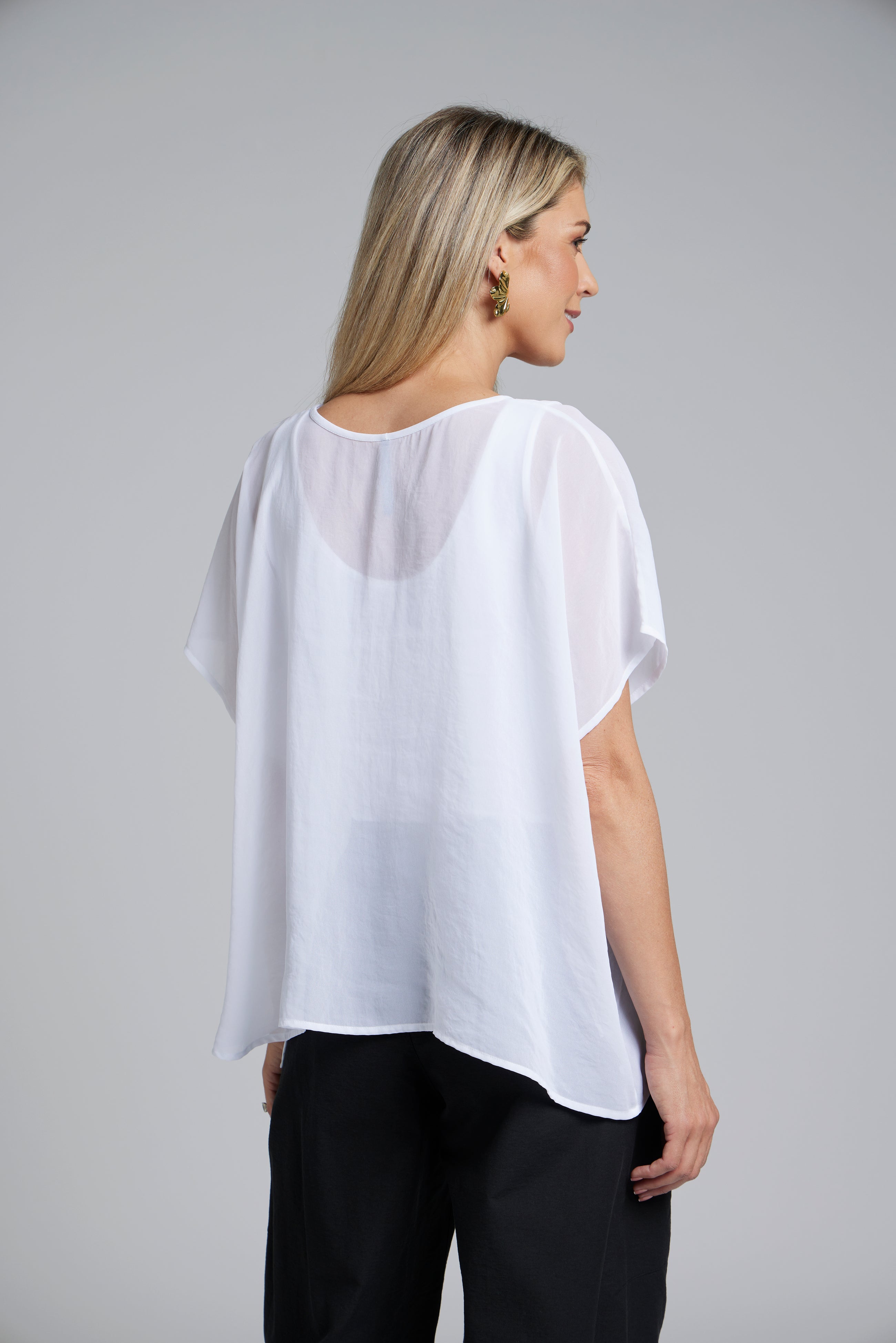 The NES Luna Top – a sheer chiffon top with exposed seams and relaxed fit. Perfect for layering. Lightweight and NZ made.