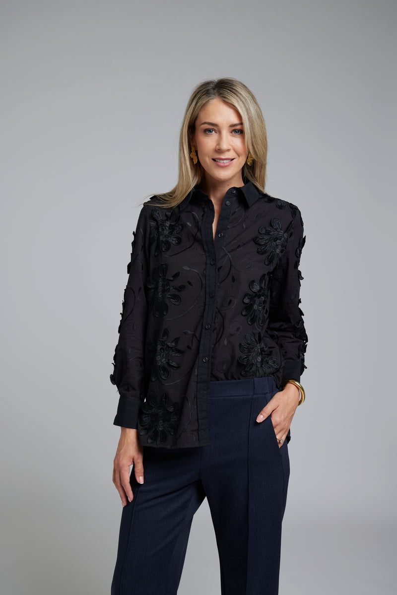 The NES Lux Shirt by N-E-S – a 3D embroidered floral shirt with solid collar, cuffs and adjustable sleeves. A forever piece, beautifully NZ made.
