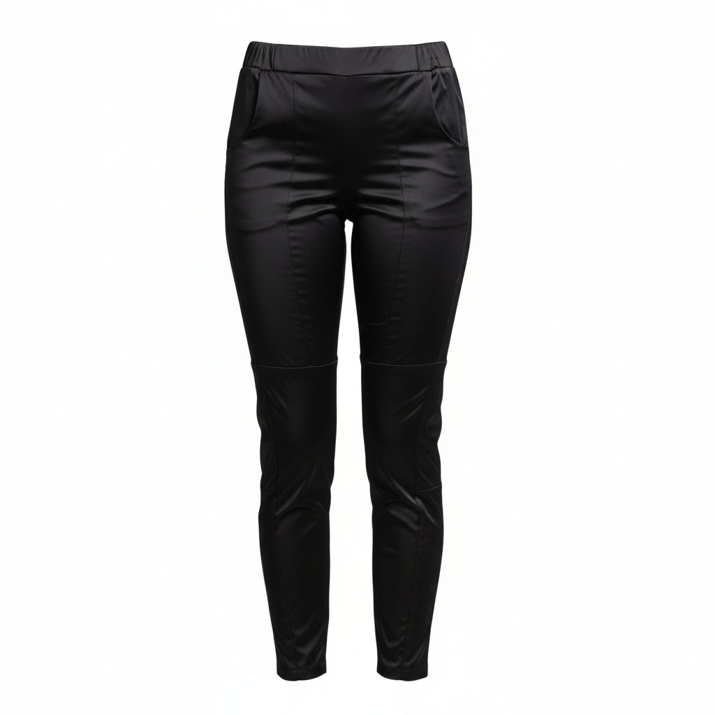 The NES Satin Section Black Pant – a stretch satin pant with elastic waist and panel detail. Elegant, versatile and NZ made.