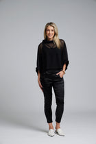 The NES Satin Section Black Pant – a stretch satin pant with elastic waist and panel detail. Elegant, versatile and NZ made.