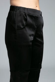 The NES Satin Section Black Pant – a stretch satin pant with elastic waist and panel detail. Elegant, versatile and NZ made.