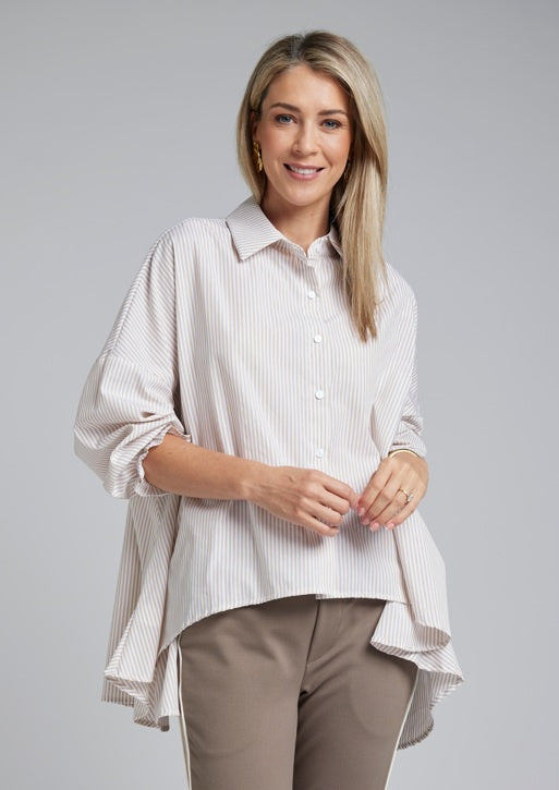 The NES Vey Shirt by N-E-S – a relaxed cotton shirt with 7/8 sleeves, three-row shirred cuffs and soft umbrella silhouette. In stripe or Kenzo Choc. NZ made.