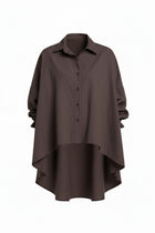 The NES Vey Shirt by N-E-S – a relaxed cotton shirt with 7/8 sleeves, three-row shirred cuffs and soft umbrella silhouette. In stripe or Kenzo Choc. NZ made.