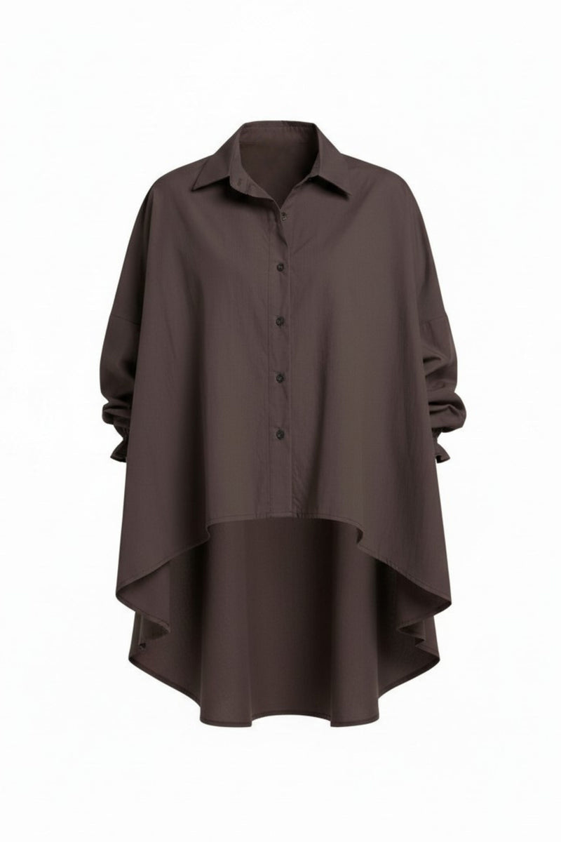 The NES Vey Shirt by N-E-S – a relaxed cotton shirt with 7/8 sleeves, three-row shirred cuffs and soft umbrella silhouette. In stripe or Kenzo Choc. NZ made.