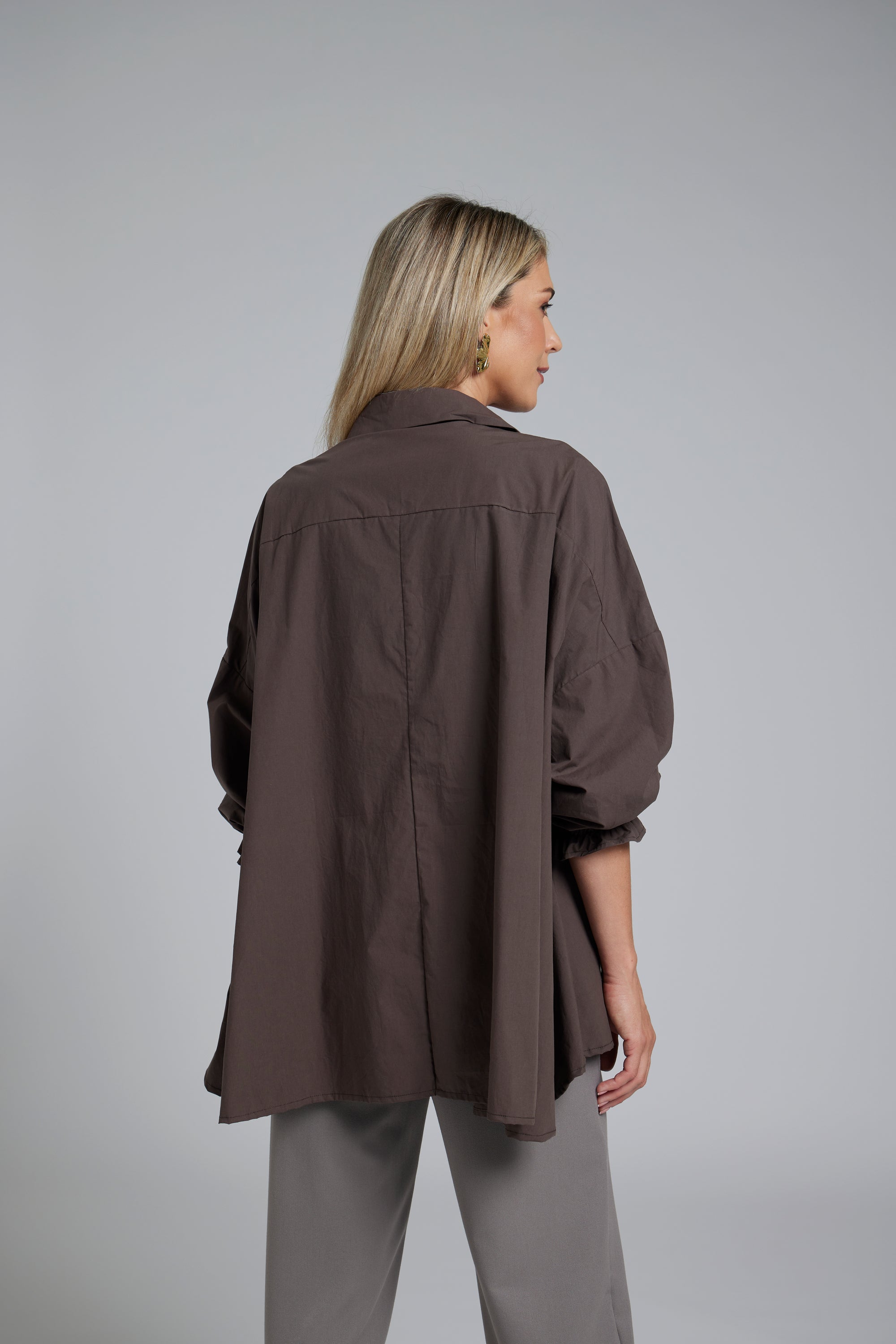 The NES Vey Shirt by N-E-S – a relaxed cotton shirt with 7/8 sleeves, three-row shirred cuffs and soft umbrella silhouette. In stripe or Kenzo Choc. NZ made.