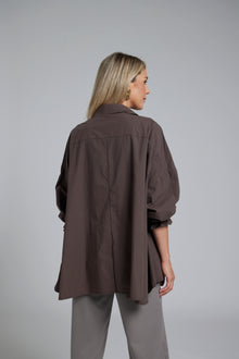 The NES Vey Shirt by N-E-S – a relaxed cotton shirt with 7/8 sleeves, three-row shirred cuffs and soft umbrella silhouette. In stripe or Kenzo Choc. NZ made.