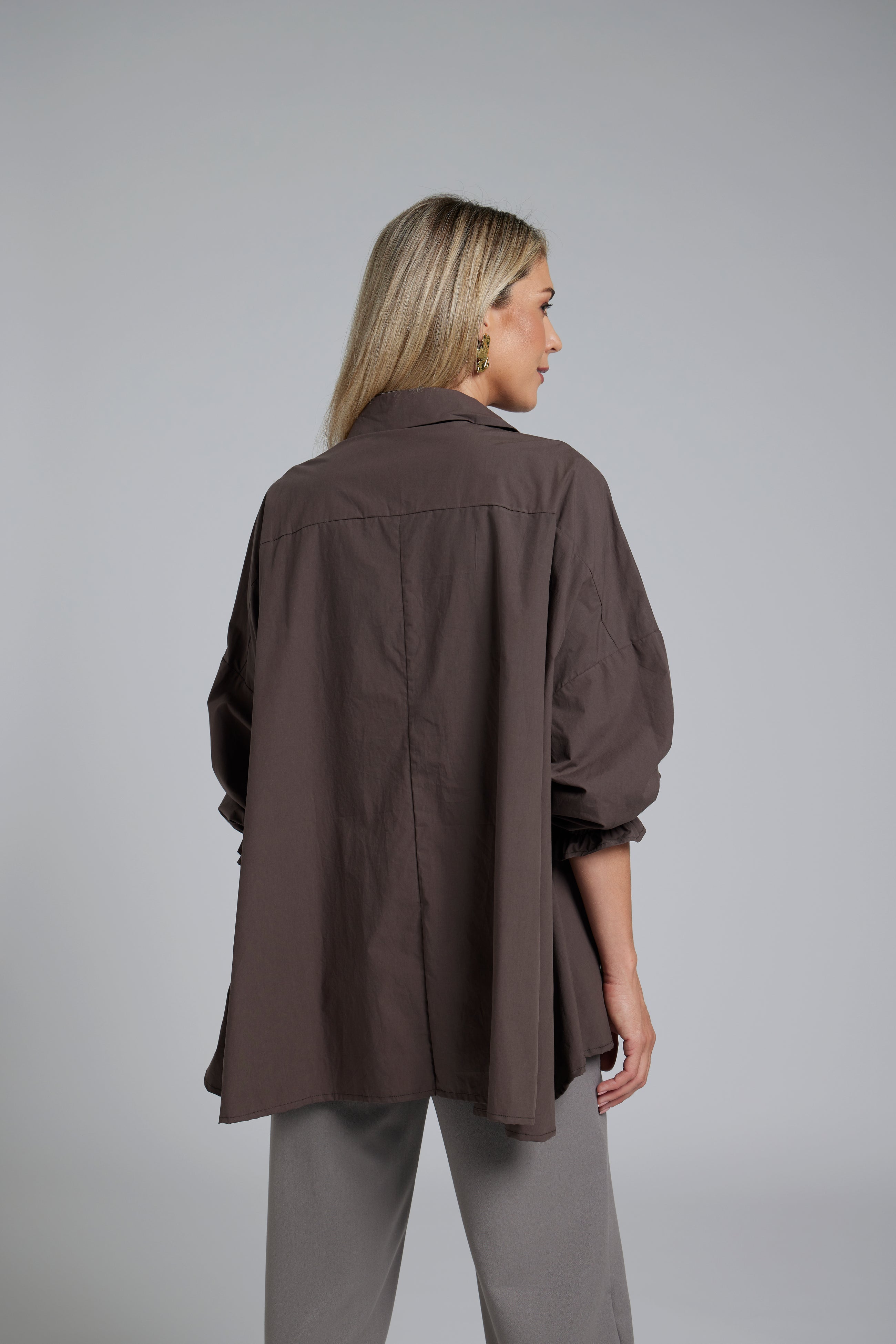 The NES Vey Shirt by N-E-S – a relaxed cotton shirt with 7/8 sleeves, three-row shirred cuffs and soft umbrella silhouette. In stripe or Kenzo Choc. NZ made.