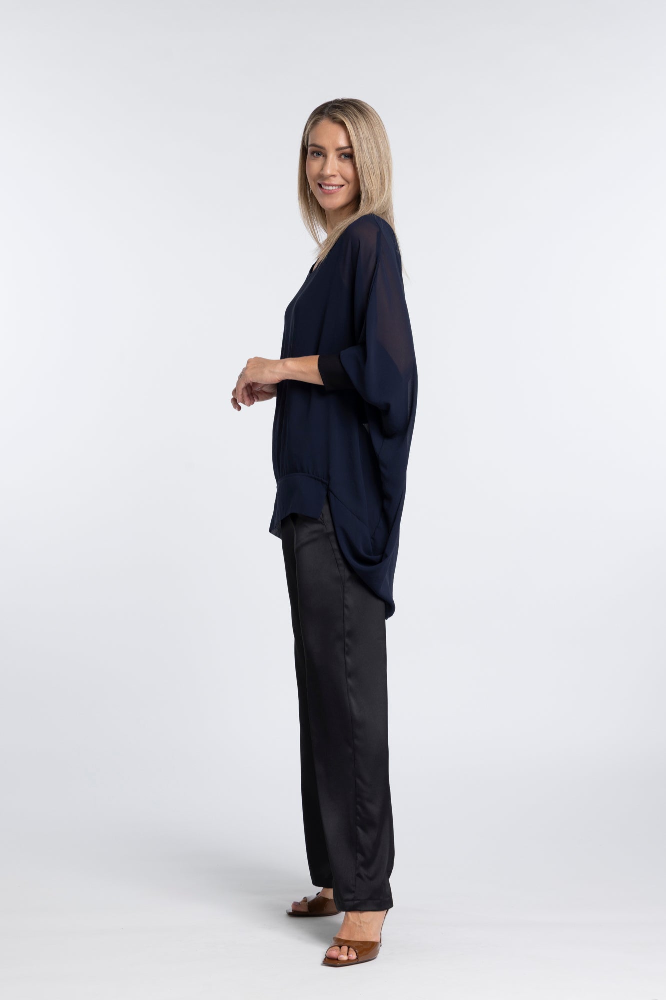 The NES Virtue Tunic – a floaty, relaxed tunic with a scoop neck, curved hem and effortless drape. Perfect layered over a Lattice Singlet. NZ made.