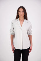 The NES Fara Shirt – a feminine shirt with shirred sleeves, V-neck and back detail. Lightweight, versatile and NZ made.