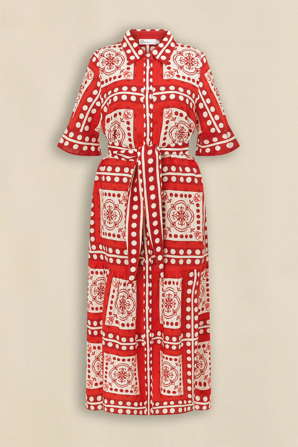ZOE KRATZMANN | OASIS DRESS
crafted in linen, the oasis dress features a tiered skirt adding movement to the relaxed silhouette. A self tie belt and shell buttons running down the front allow for versatile styling options, making this piece the perfect travel companion. a European-inspired motif in bold red and white, alive with colour and vibrance.
100% linen
feminine silhouette
zk exclusive scarf print&nbsp;
wide fabric self tie belt
shell buttons&nbsp;
tiered skirt
softly fluted cuff on sleeve 