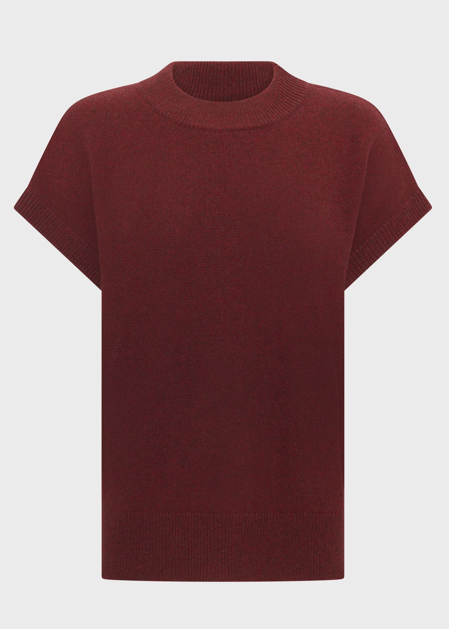 POL Astor Turtleneck Tee in a Yak and extrafine Merino blend, featuring a ribbed mock neck, dropped armholes and cap sleeves, finished with a relaxed fit and ribbed hem, available in Pebble and Wine