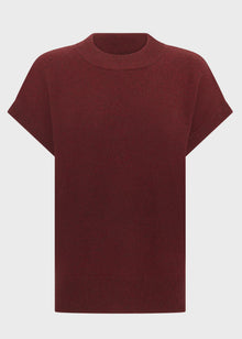 POL Astor Turtleneck Tee in a Yak and extrafine Merino blend, featuring a ribbed mock neck, dropped armholes and cap sleeves, finished with a relaxed fit and ribbed hem, available in Pebble and Wine