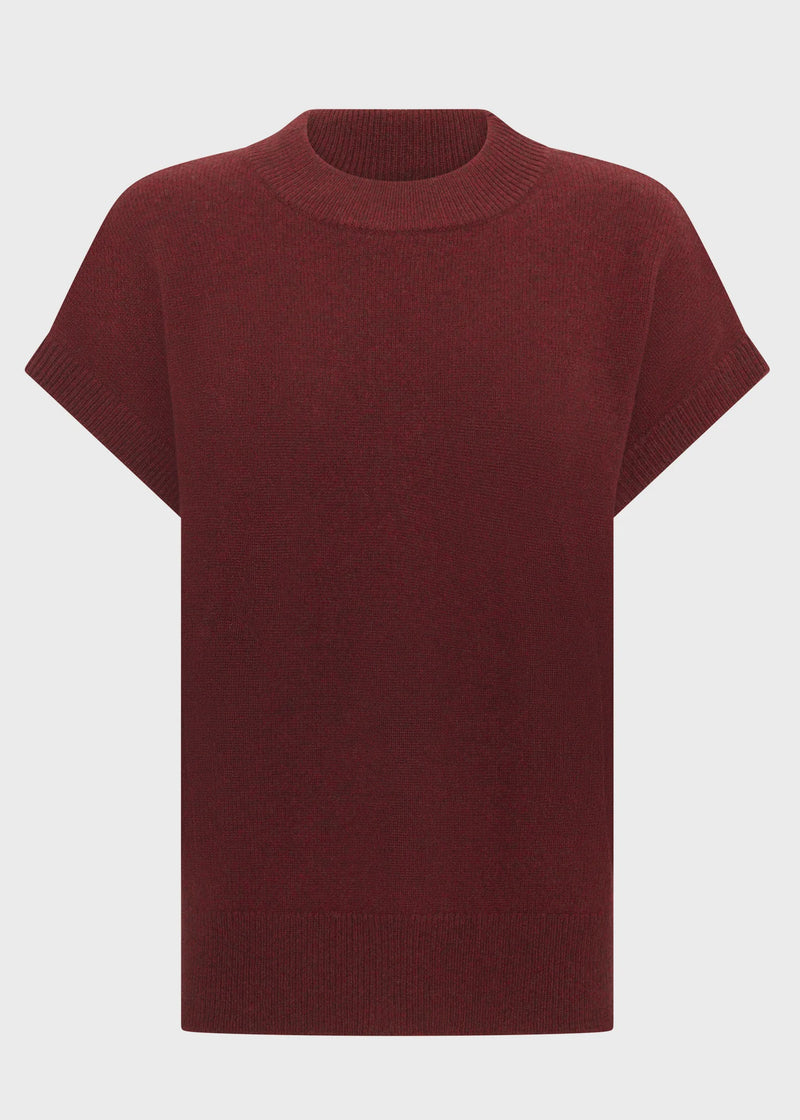 POL Astor Turtleneck Tee in a Yak and extrafine Merino blend, featuring a ribbed mock neck, dropped armholes and cap sleeves, finished with a relaxed fit and ribbed hem, available in Pebble and Wine