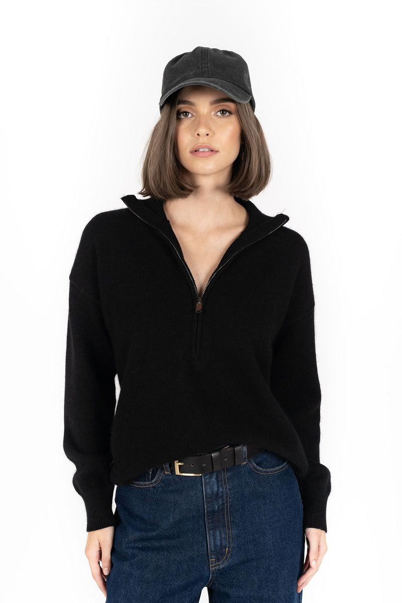 Smart, super soft, ½ zip sweater.
Mid-weight, non-itchy mohair wool blend.
Drop shoulder for a relaxed boxy fit.
Zip-through turtleneck.
Ribbed cuff, neck, and hem detail.
Sits at hip on average height.
Consider purchasing a pilling comb to keep your knits in perfect condition.